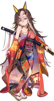 Rule 34 | 1girl, absurdres, ahoge, alternate costume, animal ears, artist name, brown hair, chest sarashi, collarbone, colored inner hair, dream journey (umamusume), eyewear strap, floral print, full body, glasses, hadanugi dousa, highres, horse ears, horse girl, horse tail, japanese clothes, kimono, long hair, looking at viewer, multicolored hair, open kimono, purple eyes, sarashi, sheath, sheathed, single hair intake, smile, solo, tail, umamusume, white background, white hair, yomean!