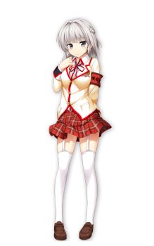 1girl arm_behind_back armband blush braid breasts brown_jacket brown_shoes closed_mouth collared_shirt full_body garter_straps grey_eyes grey_hair hand_up jacket lapels loafers long_sleeves looking_at_viewer love_of_ren'ai_koutei_of_love! medium_breasts neck_ribbon notched_lapels official_art oozora_itsuki plaid_clothes plaid_skirt pleated_skirt red_armband red_ribbon red_skirt ribbon sakakibara_isami school_uniform shirt shoes simple_background skirt solo standing tachi-e thighhighs transparent_background white_garter_straps white_shirt white_thighhighs wing_collar zettai_ryouiki