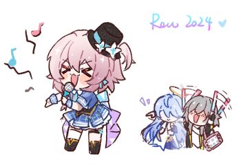 >_< 2024 3girls adapted_costume afterimage back_bow bag black_boots black_corset black_hat black_jacket blue_bow blue_hair blue_jacket blue_necktie blue_skirt blue_wrist_cuffs blush blush_stickers boots bow bow_earrings cheering cherilynorz chibi chinese_commentary collar commentary_request corset cropped_legs detached_collar dress earrings faceless faceless_female flower frilled_skirt frills gloves glowstick gradient_bow grey_hair hair_between_eyes halo handbag hands_on_own_chin happy hat hat_flower head_wings heart holding holding_glowstick holding_microphone honkai:_star_rail honkai_(series) idol jacket jewelry long_hair loose_hair_strand march_7th_(honkai:_star_rail) medium_hair microphone mini_hat mini_top_hat miniskirt motion_lines multiple_girls musical_note necktie notice_lines one_side_up open_clothes open_jacket open_mouth outstretched_hand penlight_(glowstick) pink_bag pink_hair plaid_clothes plaid_skirt plaid_wrist_cuffs pleated_skirt purple_bow purple_skirt robin_(honkai:_star_rail) shirt short_sleeves sidelocks signature simple_background single_earring single_thighhigh skirt skirt_under_dress sleeve_cuffs smile standing stelle_(honkai:_star_rail) thigh_strap thighhighs top_hat traditional_halo trailblazer_(honkai:_star_rail) two-tone_bow very_long_hair white_background white_collar white_dress white_flower white_gloves white_shirt white_thighhighs white_wings wings wrist_cuffs yellow_halo