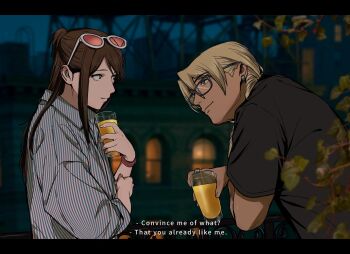 Rule 34 | 1boy, 1girl, ace attorney, alternate costume, amikoiiko, apollo justice: ace attorney, bespectacled, black shirt, blonde hair, blue eyes, blue shirt, blurry, blurry background, brown hair, closed mouth, collared shirt, commentary, cup, dark-skinned male, dark skin, drill hair, earrings, ema skye, english text, eyewear on head, facing another, facing to the side, fingernails, glasses, half updo, highres, holding, holding cup, index ring, jewelry, klavier gavin, leaning forward, light smile, long hair, long sleeves, mismatched eyebrows, pink-tinted eyewear, pink wrist cuffs, shirt, short sleeves, side drill, sleeves rolled up, subtitled, sunglasses, tinted eyewear, two-tone shirt, upper body, watch, white-framed eyewear, white shirt, wrist cuffs, wristwatch