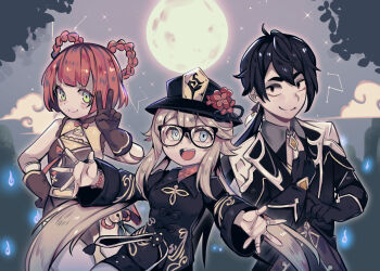 1boy 2girls adjusting_sleeves bare_shoulders black-framed_eyewear black_coat black_gloves black_hair black_shirt blonde_hair blue_eyes bracelet braid braided_hair_rings brown_eyes brown_gloves closed_mouth coat commentary constellation cosplay english_commentary full_body genshin_impact glasses gloves green_eyes hair_rings hand_on_own_hip hand_up hu_tao_(genshin_impact) hu_tao_(genshin_impact)_(cosplay) jewelry long_hair looking_at_viewer merryweather multiple_girls open_mouth original outstretched_arms red_hair shirt sidelocks smile teeth twintails upper_teeth_only v xiangling_(genshin_impact) xiangling_(genshin_impact)_(cosplay) zhongli_(genshin_impact) zhongli_(genshin_impact)_(cosplay)