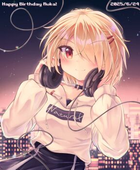>:) 1girl 2025 alternate_costume black_choker black_skirt blonde_hair blush character_name choker cityscape closed_mouth commentary_request cowboy_shot dated hair_ornament hair_over_one_eye hairclip hands_up happy_birthday headphones headphones_around_neck heaven_burns_red highres hood hood_down hoodie kayamori_ruka long_bangs looking_at_viewer medium_hair mitsuna night o-ring o-ring_choker one_eye_covered outdoors parallel_hairclips red_eyes skirt sleeves_past_wrists smile solo split_mouth v-shaped_eyebrows white_hoodie