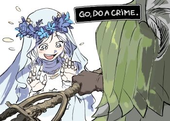Rule 34 | 1boy, 1girl, doll joints, dress, elden ring, elden ring nightreign, flower wreath, go do a crime (meme), green hood, hanny (uirusu chan), head wreath, highres, holding, holding weapon, ironeye (elden ring), joints, long hair, meme, revenant (elden ring), veil, weapon, white dress, white hair, white veil
