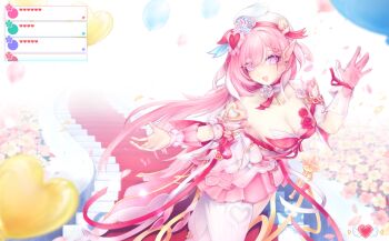 1girl alphanpurple beret breasts cleavage commentary diamond-shaped_pupils diamond_(shape) dress earrings elf elysia_(hi_love_elf)_(honkai_impact) elysia_(honkai_impact) gloves hat heart heart_earrings highres honkai_(series) honkai_impact_3rd jewelry large_breasts long_hair multicolored_hair open_mouth pink_dress pink_gloves pink_hair pointy_ears purple_eyes red_dress single_glove solo stairs symbol-only_commentary symbol-shaped_pupils thighhighs two-tone_hair very_long_hair white_hair white_thighhighs