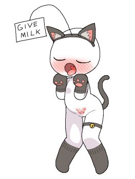 Rule 34 | animal ears, bell, black gloves, black socks, blush, cat ears, cat tail, closed eyes, colored skin, english text, fake animal ears, full body, gloves, knees apart feet together, nude, open mouth, original, paw gloves, paws, sexual demon tattoo, sign, simple background, socks, solo, standing, tail, stomach tattoo, thigh gap, thigh strap, tongue, tongue out, tosx, white background, white skin