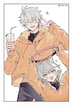 1boy 1girl absurdres animal_ear_fluff animal_ears antenna_hair blue_eyes blush bow braid cat_ears cat_girl cipher_(honkai:_star_rail) closed_eyes commentary drinking_straw fangs grey_hair hair_bow highres honkai:_star_rail honkai_(series) hood hoodie juice open_mouth orange_hoodie orange_sweater pants phainon_(honkai:_star_rail) smile sparkle sweater title_mei turtleneck v-shaped_eyebrows white_background white_hair white_streaks