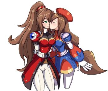 2girls android arms_behind_back beret blush breasts brown_hair closed_eyes closed_mouth dress dual_persona gloves green_eyes hair_between_eyes hat hayebsi high_collar high_ponytail iris_(mega_man) iris_-another-_(mega_man) jewelry joints kiss kissing_cheek large_breasts long_hair low-tied_long_hair medium_breasts mega_man_(series) mega_man_x_(series) mega_man_x_dive military military_uniform multicolored_dress multiple_girls ponytail red_hat robot_girl robot_joints shoulder_jewel side_ponytail simple_background smile thighhighs very_long_hair white_background white_gloves yuri