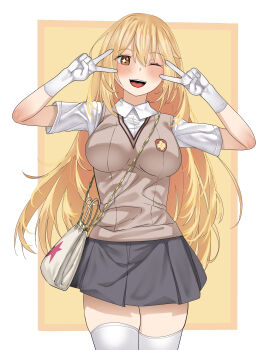 1girl ;d absurdres alternate_gloves bag blonde_hair blue_notuki blush breasts brown_eyes brown_hair brown_sweater_vest commentary_request double_v emblem gloves grey_skirt handbag hands_up highres large_breasts long_hair looking_at_viewer miniskirt no_print one_eye_closed open_mouth revision school_emblem school_uniform shirt shokuhou_misaki short_sleeves skirt smile solo sparkling_eyes star_(symbol) star_print summer_uniform sweater_vest symbol-shaped_pupils thighhighs thighs toaru_kagaku_no_railgun toaru_majutsu_no_index tokiwadai_school_uniform v white_gloves white_shirt white_thighhighs zettai_ryouiki
