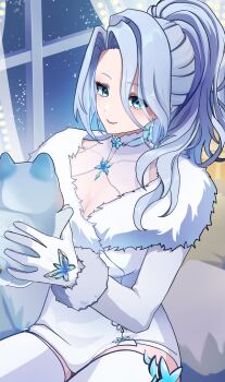 Rule 34 | 1girl, atae at, blue choker, blue eyes, blue hair, breasts, brooch, butterfly ornament, choker, cleavage, commentary, crystal earrings, dress, earrings, english commentary, fur trim, gloves, hair over shoulder, highres, indie virtual youtuber, jewelry, long hair, monarch amalee, monarch amalee (winter), official alternate costume, ponytail, scuffling (amalee), snow, thighhighs, virtual youtuber, white dress, white gloves, white thighhighs, window