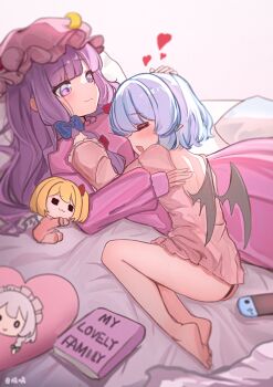 Rule 34 | 2091966, 2girls, absurdres, alternate costume, back cutout, barefoot, bat wings, black panties, blue bow, blue hair, blush, bow, character doll, character print, chinese commentary, closed eyes, closed mouth, clothing cutout, commentary request, crescent, crescent hat ornament, doll, dress, flandre scarlet, hair bow, handheld game console, hat, hat ornament, headpat, heart, highres, izayoi sakuya, long sleeves, medium hair, mob cap, multiple girls, multiple hair bows, no headwear, open mouth, panties, patchouli knowledge, photo album, pink dress, pink hat, pink shirt, pointy ears, purple eyes, purple hair, red bow, remilia scarlet, shirt, sleeping, sleeping on person, smile, toes, touhou, underwear, wings, yuri
