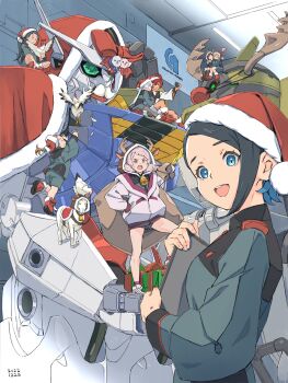 6+girls absurdres afro_puffs aliya_mahvash antlers asticassia_school_uniform bell bird black_hair blue_eyes blue_hair bluendorange1 bow breasts brown_hair capelet chicken christmas chuatury_panlunch chuchu&#039;s_demi_trainer clipboard clothed_robot colored_inner_hair dark-skinned_female dark_skin dated felsi_rollo fur-trimmed_capelet fur_trim gift goat green_jacket green_shorts gundam gundam_aerial gundam_suisei_no_majo hair_behind_ear hat heart highres holding holding_clipboard hood hood_up horns hug jacket lilique_kadoka_lipati long_hair mecha medium_breasts miorine_rembran multicolored_hair multiple_girls nika_nanaura on_mecha one_eye_closed open_mouth petra_itta pink_hair pom_pom_(clothes) ponytail red_bow red_capelet red_hair red_headwear robot santa_hat school_uniform short_hair shorts sitting smile suletta_mercury surprised tycho_(gundam) v-fin v-shaped_eyebrows white_jacket