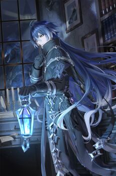 1boy absurdres ahoge belt black_belt black_coat black_gloves blue_hair book bookshelf candelabra candlestand coat commentary_request finger_to_mouth flins_(genshin_impact) genshin_impact gloves gradient_eyes hair_between_eyes highres holding holding_lantern indoors lantern long_hair long_sleeves looking_at_viewer looking_to_the_side making-of_available male_focus multicolored_eyes night paper_stack parted_lips picture_frame shushing solo very_long_hair warp226 white_hair yellow_eyes