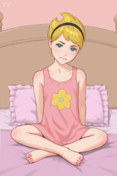 Rule 34 | 1girl, arm support, arms behind back, bare arms, bare legs, bare shoulders, barefoot, black hairband, blonde hair, blue eyes, closed mouth, collarbone, crossed ankles, dress, earrings, flat chest, floral print, full body, hairband, head tilt, highres, jewelry, looking at viewer, mandy (grim adventures), on bed, pillow, pink dress, pointy hair, scowl, self-upload, short bangs, short hair, sitting, solo, swept bangs, the grim adventures of billy &amp; mandy, toes, upturned eyes, yyf (seaknight)