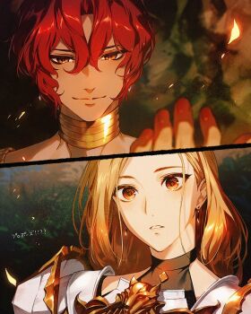 1boy 1girl akiyoshi_haru blonde_hair brown_eyes closed_mouth dohalim_(tales) earrings jewelry kisara_(tales) long_hair night outdoors parted_lips portrait red_hair short_hair smile split_screen tales_of_(series) tales_of_arise
