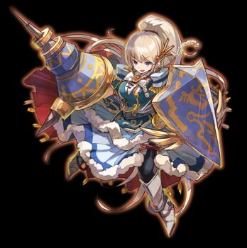 1girl armor black_background black_pantyhose blonde_hair blue_skirt breasts cloak full_body greaves green_jacket grey_eyes hair_ornament high_ponytail highres holding holding_polearm holding_shield holding_weapon huge_breasts jacket knight lodain_(merc_storia) long_hair merc_storia merc_storia_art_team official_art open_mouth pantyhose polearm ponytail red_cloak shield sidelocks simple_background skirt smile solo standing tachi-e v-shaped_eyebrows weapon