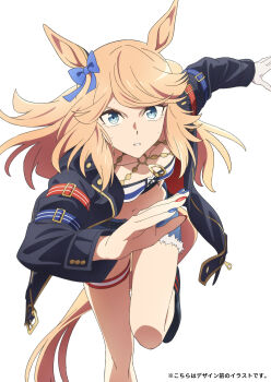 Rule 34 | 1girl, absurdres, animal ears, bandeau, black jacket, blonde hair, blue bow, blue eyes, blue nails, bow, breasts, chain, cutoffs, denim, denim shorts, ear bow, fukumoto yousuke, gold chain, gold city (authentic/1928) (umamusume), gold city (umamusume), highres, horse ears, horse girl, horse tail, jacket, long hair, long sleeves, looking at viewer, midriff, multicolored nails, navel, official art, open clothes, open jacket, parted lips, red nails, running, shorts, solo, strapless, striped bandeau, tail, tube top, umamusume, umamusume: cinderella gray, white background
