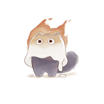 1other black_cat black_eyes black_tail burning cat cat_tail chibi commentary_request duel_monster fire food highres marshmallow marshmao_yummy melting roasted_marshmallow roasting simple_background solo su_pa_taco tail white_background yu-gi-oh!