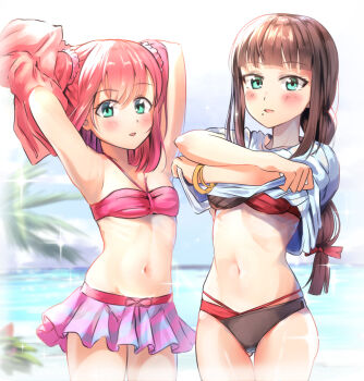 2girls absurdres armpits arms_up beach bikini bikini_skirt black_bikini blush bracelet breasts day gluteal_fold green_eyes hair_between_eyes hair_ribbon highres hip_focus jewelry kurosawa_dia kurosawa_ruby large_breasts long_hair looking_at_viewer love_live! love_live!_sunshine!! medium_hair mole mole_under_mouth multiple_girls navel nose ocean open_mouth outdoors pink_bikini plant red_hair red_ribbon ribbon shaka_(staito0515) shirt short_twintails sidelocks skirt sky small_breasts sparkle standing string_bikini swimsuit thigh_gap tree twintails undressing water white_shirt