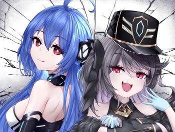 2girls :3 :d azur_lane back-to-back bare_shoulders black_gloves black_hair blue_gloves blue_hair breasts coat commentary dress elbow_gloves english_commentary fang fur-trimmed_coat fur_trim gloves hair_between_eyes hand_up hat headgear helena_(azur_lane) helena_(meta)_(azur_lane) highres kyl490 large_breasts long_hair looking_at_viewer looking_back medium_breasts multiple_girls open_mouth pamiat_merkuria_(azur_lane) pamiat_merkuria_(meta)_(azur_lane) pink_eyes red_eyes side_ponytail sleeveless sleeveless_dress smile smug strapless strapless_dress upper_body very_long_hair
