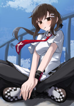 1girl absurdres black_choker brown_eyes brown_hair choker commentary_request crossed_legs feather_hair_ornament feathers hair_ornament hair_tie hairpin highres long_hair looking_at_viewer minakami_yuki necktie ponytail red_necktie school_rooftop school_uniform smoking solo subarashiki_hibi takoyaki032002 wristband