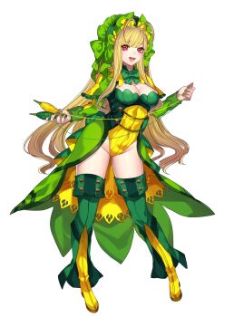 1girl antenna_hair bad_id bad_twitter_id blonde_hair boots breasts cleavage female_focus full_body gen_5_pokemon highres katagiri_hachigou leavanny leotard long_hair nail_polish nintendo open_mouth personification pokemon red_eyes simple_background solo thread white_background