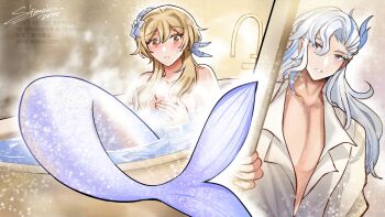 1boy 1girl bathtub blonde_hair blue_hair blue_tail blush breasts collarbone collared_shirt convenient_censoring flower genshin_impact hair_between_eyes hair_flower hair_ornament highres long_hair lumine_(genshin_impact) mermaid mermaid_out_of_environment monster_girl monsterification multicolored_hair neuvillette_(genshin_impact) nude partially_submerged shikacchin shirt short_hair_with_long_locks signature steam steam_censor streaked_hair water watermark white_hair white_shirt yellow_eyes
