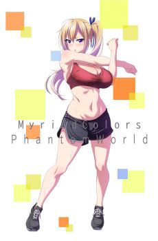 1girl absurdres black_footwear blonde_hair blush breasts check_commentary cleavage commentary commentary_request crossed_arms english_text ggg_(62446866) hair_between_eyes hair_ribbon highres kawakami_mai kyoto_animation large_breasts long_hair looking_at_viewer mole mole_under_eye musaigen_no_phantom_world navel parted_lips purple_eyes ribbon shoes shorts side_ponytail sidelocks simple_background sports_bra sportswear square stomach stretching sweat