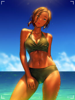 1girl a.x. absurdres bare_arms bikini blue_sky breasts brown_eyes brown_hair cleavage cloud collarbone commentary_request cowboy_shot day green_bikini hair_over_one_eye highres horizon jewelry lips looking_at_viewer medium_breasts navel necklace ocean original outdoors parted_lips short_hair sky solo standing swimsuit thighs wide_hips