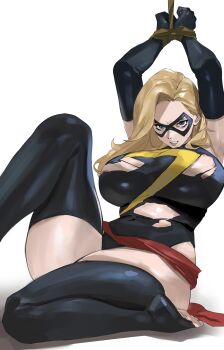 1girl absurdres black_gloves black_leotard black_mask black_thighhighs blonde_hair blue_eyes bound bound_wrists breasts carol_danvers covered_navel domino_mask elbow_gloves eye_mask gloves highres large_breasts leotard marvel mask ms._marvel red_sash rope sash simple_background solo superhero_costume sweatdrop taiyang_yu thighhighs torn_clothes torn_leotard torn_thighhighs white_background