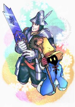 2boys 4715az adelbert_steiner armor black_mage_(final_fantasy) blue_coat breastplate brown_gloves chainmail closed_mouth coat cocked_eyebrow commentary_request cowboy_shot cropped_legs final_fantasy final_fantasy_ix gloves grey_gloves hat hat_feather helmet highres holding holding_sword holding_weapon knight light_smile male_focus multiple_boys pants pauldrons shoulder_armor striped_clothes striped_pants sword twitter_username vivi_ornitier weapon wizard_hat yellow_eyes