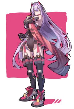 1girl bare_shoulders black_leotard black_thighhighs breasts full_body headgear huanxiang_huifeng large_breasts leotard long_hair pink_background poppi_(xenoblade) poppi_qtpi_(xenoblade) purple_hair red_scarf robot_girl scarf simple_background solo thighhighs white_background xenoblade_chronicles_(series) xenoblade_chronicles_2 yellow_eyes