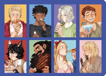 3girls 5boys animal_ears beard biting black_eyes black_hair black_sweater blonde_hair blue_eyes blue_jacket body_fur boned_meat bowl bubble_tea burger cardigan casual cat_ears cat_girl cheese cheese_trail chilchuck_tims chopsticks closed_eyes closed_mouth cocktail_umbrella collarbone collared_shirt column_lineup commentary cup dark-skinned_male dark_skin disposable_cup drink drinking drinking_glass drinking_straw drinking_straw_in_mouth dungeon_meshi dwarf earrings eating elf english_commentary facial_hair facing_viewer falin_touden food food_on_face food_wrapper green_eyes green_shirt grey_cardigan grey_tank_top grid_lineup hair_between_eyes hair_pulled_back half_updo halfling hand_up hands_up happy holding holding_bowl holding_burger holding_cup holding_drink holding_food holding_pizza holding_skewer izutsumi jacket jesuistae jewelry kabru laios_touden long_beard long_hair long_sleeves looking_ahead looking_at_viewer looking_down marcille_donato meat mismatched_animal_ear_colors mithrun multiple_boys multiple_girls mustache noodles notched_ear o-ring off_shoulder one_eye_closed open_mouth orange_eyes parted_bangs pectoral_cleavage pectorals pizza pizza_slice pointy_ears ramen red_hair red_jacket senshi_(dungeon_meshi) shirt short_hair simple_background skewer sleeveless slit_pupils softboiled_egg spaghetti_strap sweater sweater_vest t-shirt tank_top uneven_eyes white_shirt yellow_eyes