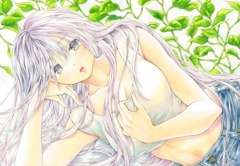 1girl absurdres breasts cleavage collarbone commentary crop_top cropped_shirt denim english_commentary grey_eyes hand_on_own_chest hand_rest highres jeans large_breasts long_hair looking_at_viewer lying marker_(medium) midriff on_side original pants parted_lips plant shirt sleeveless sleeveless_shirt solo traditional_media very_long_hair white_background white_hair white_shirt yukki59829