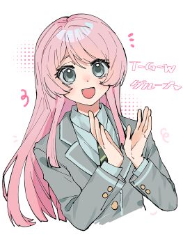 1girl :d bang_dream! bang_dream!_it&#039;s_mygo!!!!! blazer blush chihaya_anon collared_shirt commentary cropped_torso diagonal-striped_clothes diagonal-striped_necktie dot_nose dotted_background dress_shirt fang green_necktie grey_eyes grey_jacket grey_shirt hands_up haneoka_school_uniform heart highres jacket lapels long_hair long_sleeves looking_at_viewer micaaaa necktie notched_lapels notice_lines open_mouth pink_hair school_uniform shirt side_part simple_background smile solo straight_hair striped_clothes togawa_group_(bang_dream!) translation_request w_arms white_background winter_uniform