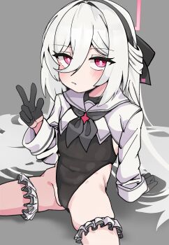 1girl absurdres alternate_costume black_gloves black_hairband black_leotard blue_archive blush closed_mouth cosplay frilled_thigh_strap gloves grey_background hair_between_eyes hairband halo highleg highleg_leotard highres kei_(blue_archive) kei_(new_body)_(blue_archive) leotard long_hair long_hair_between_eyes long_sleeves looking_at_viewer pink_halo poyo154297 rectangular_halo red_eyes ringed_eyes shimiko_(blue_archive) shimiko_(blue_archive)_(cosplay) sitting solo thigh_strap v white_hair