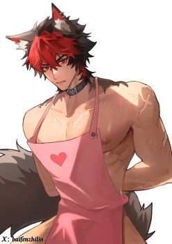 1boy absurdres animal_ear_fluff animal_ear_piercing animal_ears arms_behind_back baifenzhilin black_hair body_fur collar collarbone commentary_request crossed_bangs dog_boy dog_ears dog_tail hair_between_eyes heart heart_print highres komano_manato looking_at_viewer male_focus multiple_scars muscular muscular_male nipples parted_lips pectorals red_eyes red_hair scar scar_across_eye scar_on_arm scar_on_chest scar_on_face scar_on_shoulder short_hair simple_background smock solo tail twitter_username upper_body v-shaped_eyebrows white_background zenless_zone_zero