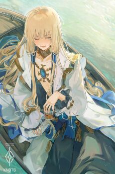 Rule 34 | 1boy, absurdres, blonde hair, blue eyes, boat, cup, fate/grand order, fate (series), highres, holding, holding cup, jewelry, long hair, long sleeves, low-tied sidelocks, male focus, noah (fate), one eye closed, open clothes, open robe, robe, sherry 0014, sidelocks, smile, solo, very long hair, watercraft, white robe