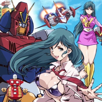 1girl bikini black_bikini blue_background blue_sky boots breasts choudenji_robo_combattler_v cloud cloudy_sky combattler_v_(robot) commentary flying full_body gloves green_eyes green_hair gun helmet holding holding_unworn_helmet kamisimo_90 large_breasts long_hair looking_at_viewer mecha multiple_views nanbara_chizuru necktie open_clothes pilot_suit red_necktie robot ropet sky smile standing super_robot swimsuit unworn_helmet upper_body weapon yellow_boots yellow_eyes yellow_gloves