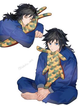 1boy absurdres black_hair blue_eyes blue_pants blue_shirt closed_eyes closed_mouth commentary empty_eyes full_body hair_between_eyes highres kikkoumon kimetsu_no_yaiba long_hair looking_at_viewer low_ponytail male_focus multiple_views pants ponytail shirt simple_background sitting soboru_jmt spiked_hair stuffed_toy symbol-only_commentary tomioka_giyuu twitter_username white_background