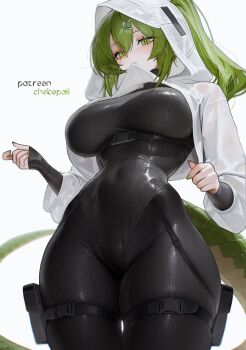 1girl ai-generated arknights arknights:_endfield black_bodysuit bodysuit breasts chokopaii commentary covered_navel cowboy_shot double-parted_bangs fluorite_(arknights) from_below green_eyes green_hair green_tail hair_between_eyes highres hood hood_up hooded_shrug large_breasts lizard_tail long_hair patreon_username ponytail reptile_girl shrug_(clothing) simple_background solo tail white_background white_shrug