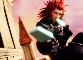 1boy 3d absurdres axel_(kingdom_hearts) black_coat black_gloves clock clock_tower coat gloves green_eyes hair_slicked_back highres holding_food holding_ice_cream ice_cream kingdom_hearts kingdom_hearts_ii long_hair looking_at_viewer male_focus outdoors red_hair sideburns sitting smile solarasona solo spiked_hair square_enix tower upper_body