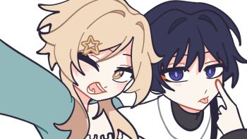 Rule 34 | 1boy, 1girl, :p, akanbe, alternate costume, aqua sleeves, arm up, black hair, black shirt, blonde hair, blunt ends, blush, bright pupils, casual, choppy bangs, contemporary, crew neck, eyelashes, eyelid pull, eyeliner, finger to eye, genshin impact, hair intakes, hair ornament, highres, layered shirt, light blush, long sleeves, looking at viewer, lumine (genshin impact), makeup, one eye closed, open mouth, parted bangs, purple eyes, purple pupils, raglan sleeves, red eyeliner, remhotaru, scaramouche (genshin impact), selfie, shirt, short hair, short hair with long locks, sidelocks, star (symbol), star hair ornament, teeth, tongue, tongue out, tsurime, turtleneck, turtleneck shirt, undershirt, white background, white pupils, white shirt, yellow eyes