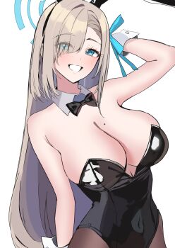 1girl absurdres animal_ear_hairband animal_ears asuna_(blue_archive) black_leotard black_pantyhose blonde_hair blue_archive blue_eyes blue_halo blush bow bowtie breasts cleavage cowboy_shot detached_collar fake_animal_ears hair_over_one_eye hairband halo highres large_breasts leotard long_hair looking_at_viewer mole mole_on_breast nakano_kura pantyhose playboy_bunny rabbit_ear_hairband rabbit_ears smile solo strapless strapless_leotard traditional_bowtie very_long_hair white_wrist_cuffs wrist_cuffs