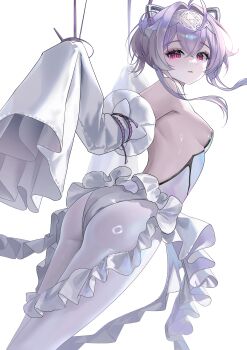 1girl absurdres ass backless_leotard backless_outfit breasts commentary_request frills goddess_of_victory:_nikke hair_intakes hairband headgear highres jellyfish_girl kimright0 korean_commentary leotard liberalio_(nikke) open_mouth pantyhose pink_eyes purple_hair short_hair_with_long_locks sideboob simple_background sleeves_past_fingers sleeves_past_wrists small_breasts solo white_background white_hairband white_leotard white_pantyhose white_sleeves