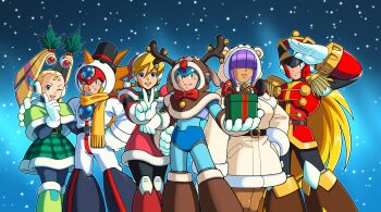 Rule 34 | 3boys, 3girls, absurdres, alia (mega man), android, animal ears, armor, axl (mega man), belt, black belt, black hat, blonde hair, blue eyes, bodysuit, breasts, brown hair, chest jewel, christmas, christmas present, clenched hands, clenched teeth, closed mouth, coat, commentary, cosplay, dark-skinned female, dark skin, deer costume, deer ears, naturally detached hair, diegodoodles, english commentary, epaulettes, forehead jewel, gift, gloves, green armor, green eyes, hair ornament, hair over eyes, hand on own hip, hat, helmet, highres, hime cut, holding, holding gift, jewelry, joints, large breasts, layer (mega man), leaf hair ornament, long hair, looking at viewer, mega man (series), mega man x (series), multiple boys, multiple girls, navigator, official style, open mouth, pallette (mega man), pink armor, ponytail, purple hair, red armor, red helmet, red ribbon, ribbon, robot ears, robot girl, robot joints, rudolph the red nosed reindeer, rudolph the red nosed reindeer (cosplay), salute, scarf, sensei haruki suetsugu (style), skirt, smile, snowman costume, spiked hair, teeth, twintails, upper teeth only, v, very long hair, white coat, x (mega man), yellow scarf, zero (mega man)