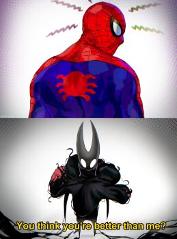 1boy 1girl absurdres animal_print arthropod_girl back bodysuit cloak crossover devovas english_text highres hollow_knight hollow_knight:_silksong hornet_(hollow_knight) marvel mask red_cloak spider-man spider-man_(series) spider-sense_(spider-man) spider_print spider_web_print superhero_costume trait_connection