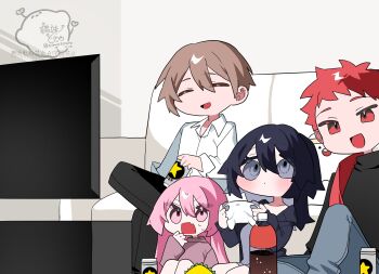 2boys 2girls :d absurdres artist_name beer_can black_cardigan black_hair black_pants black_shirt blush blush_stickers brown_eyes can cardigan chibi chibi_only closed_eyes closed_mouth commentary_request controller couch crossed_legs denim drink_can fang grey_eyes grey_tank_top hair_between_eyes head_tilt highres holding holding_can holding_controller jeans living_room long_hair multiple_boys multiple_girls nervous oimotororo1116 open_cardigan open_clothes open_mouth original pants pink_eyes pink_hair pink_shirt red_eyes red_hair shirt signature sitting skin_fang smile sweat tank_top television thick_eyelashes watermark white_shirt