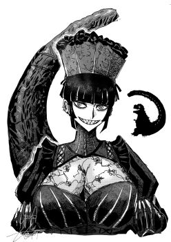 1girl black_bonnet black_corset black_dress black_hair blunt_bangs blunt_ends bonnet breasts chibi chibi_inset claws cleavage corset cropped_torso dress earrings frilled_bonnet frills gloves godzilla godzilla_(series) gothic_lolita greyscale grin hands_up high_collar highres huge_breasts itosuke_inumi jewelry juliet_sleeves kaiju lolita_fashion long_sleeves monochrome personification puffy_sleeves ringed_eyes see-through_cleavage see-through_clothes sharp_teeth shin_godzilla shin_godzilla-chan_(itosuke_inumi) short_hair sidelocks signature smile tail teeth toho_(movie_company) twitter_username upper_body white_background