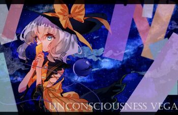 1girl black_hat blue_eyes blue_sky bow collared_shirt commentary_request english_text frilled_shirt_collar frilled_sleeves frills green_skirt grey_hair hat hat_bow holding komeiji_koishi letterboxed looking_at_viewer medium_hair one-hour_drawing_challenge shinjitsu_no_kuchi shirt short_sleeves skirt sky solo star_(sky) starry_sky tanabata third_eye touhou upper_body wide_sleeves yellow_bow yellow_shirt