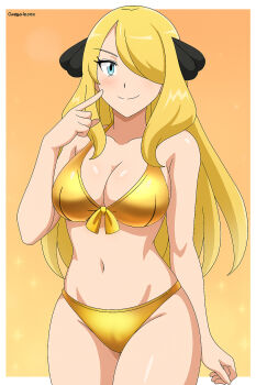 1girl alexkonakona alternate_breast_size_(larger) alternate_costume bikini blonde_hair blue_eyes border breasts closed_mouth collarbone commentary cowboy_shot cynthia_(pokemon) eyelashes gold_bikini hair_ornament hair_over_one_eye hand_up highres index_finger_raised large_breasts long_hair navel nintendo outside_border pokemon pokemon_dppt shiny_skin smile solo stomach swimsuit white_border yellow_background